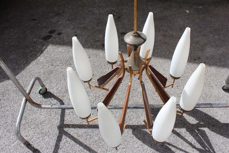photo furniture Great Round Midcentury Chandelier Brass Teak Wood White Glass Esperia Design