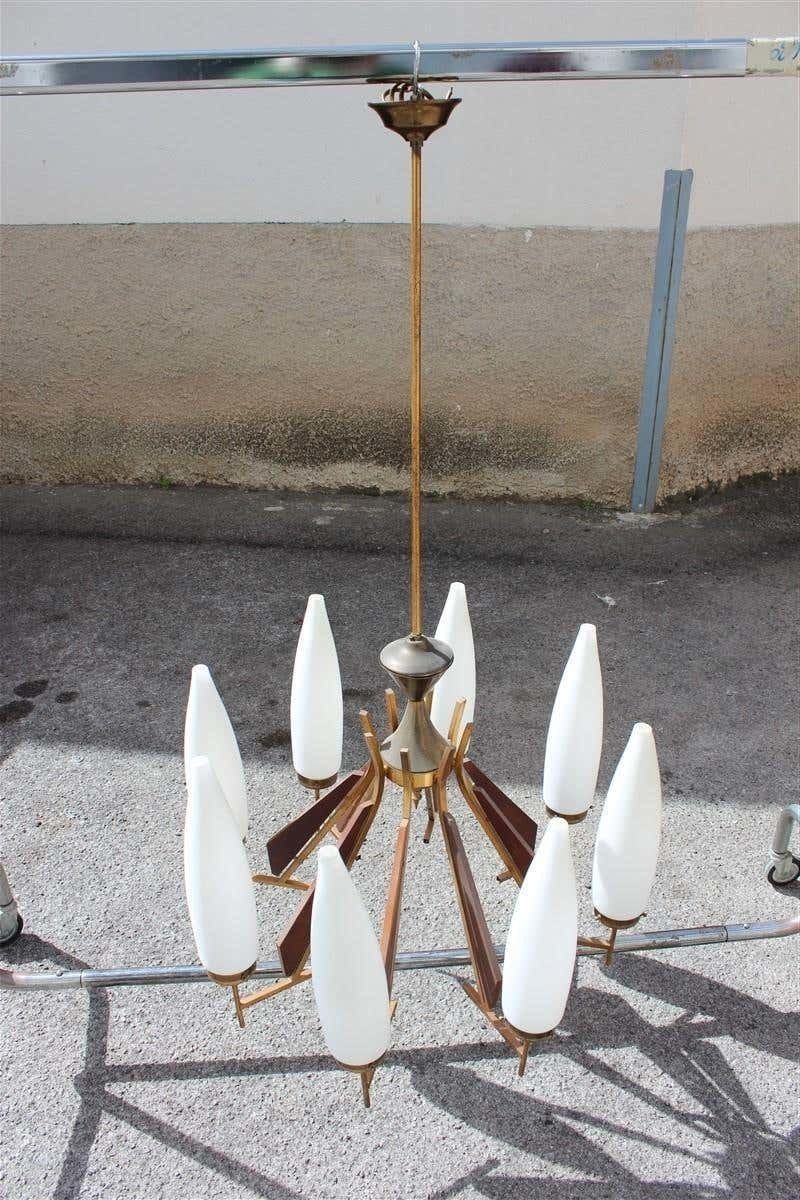 photo for sale Great Round Midcentury Chandelier Brass Teak Wood White Glass Esperia Design