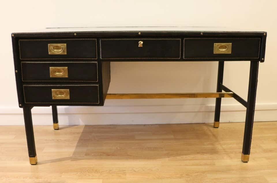 Rare Desk And Armchair By Jacques Adnet, Stitched Leather And Skaï, 1950s photo furniture