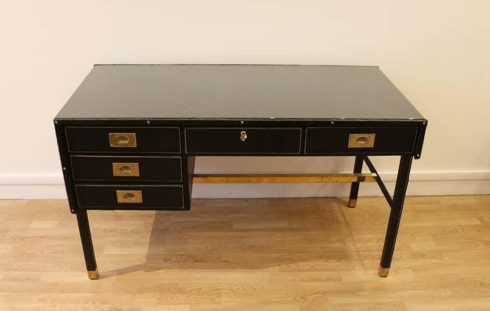 Rare Desk And Armchair By Jacques Adnet, Stitched Leather And Skaï, 1950s photo for sale