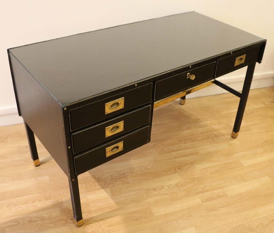 Rare Desk And Armchair By Jacques Adnet, Stitched Leather And Skaï, 1950s photo vinterior