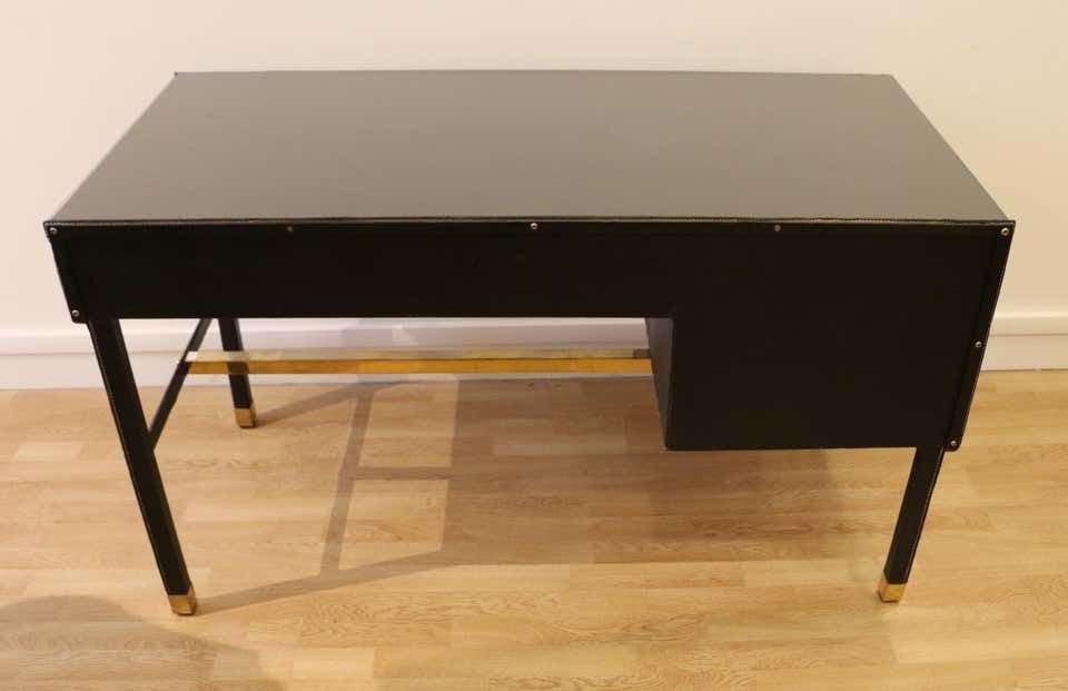 Rare Desk And Armchair By Jacques Adnet, Stitched Leather And Skaï, 1950s photo buy