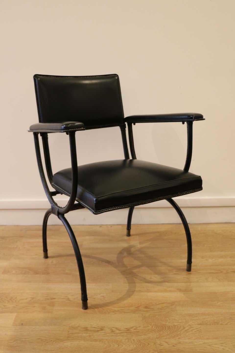 Furniture Rare Desk And Armchair By Jacques Adnet, Stitched Leather And Skaï, 1950s photo