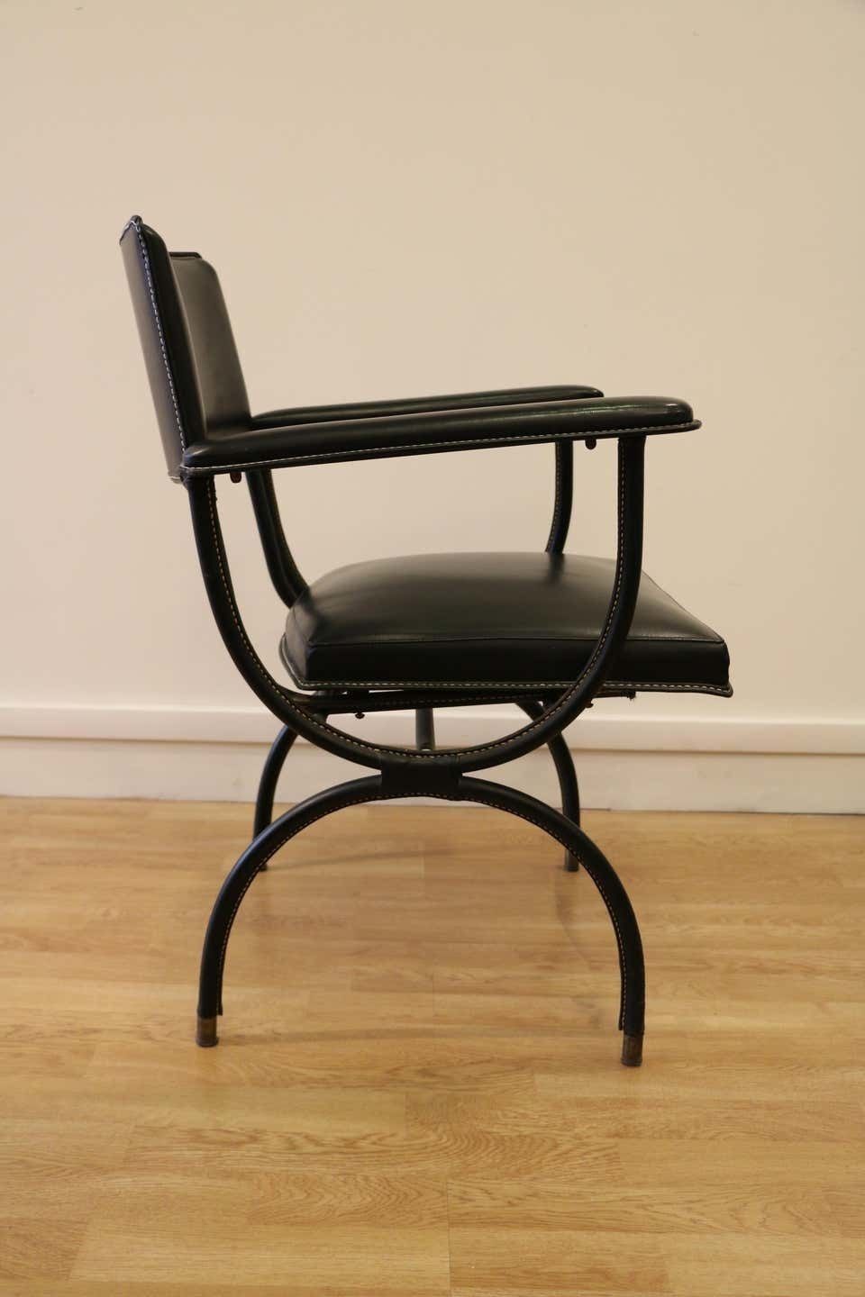 23389.63 Rare Desk And Armchair By Jacques Adnet, Stitched Leather And Skaï, 1950s photo