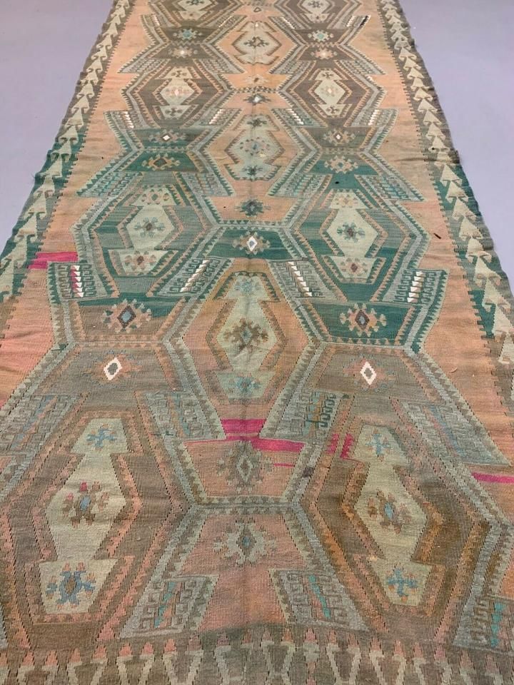 Vintage Turkish Kilim 405x136 Cm Wool Kelim Rug Large Runner photo vinterior