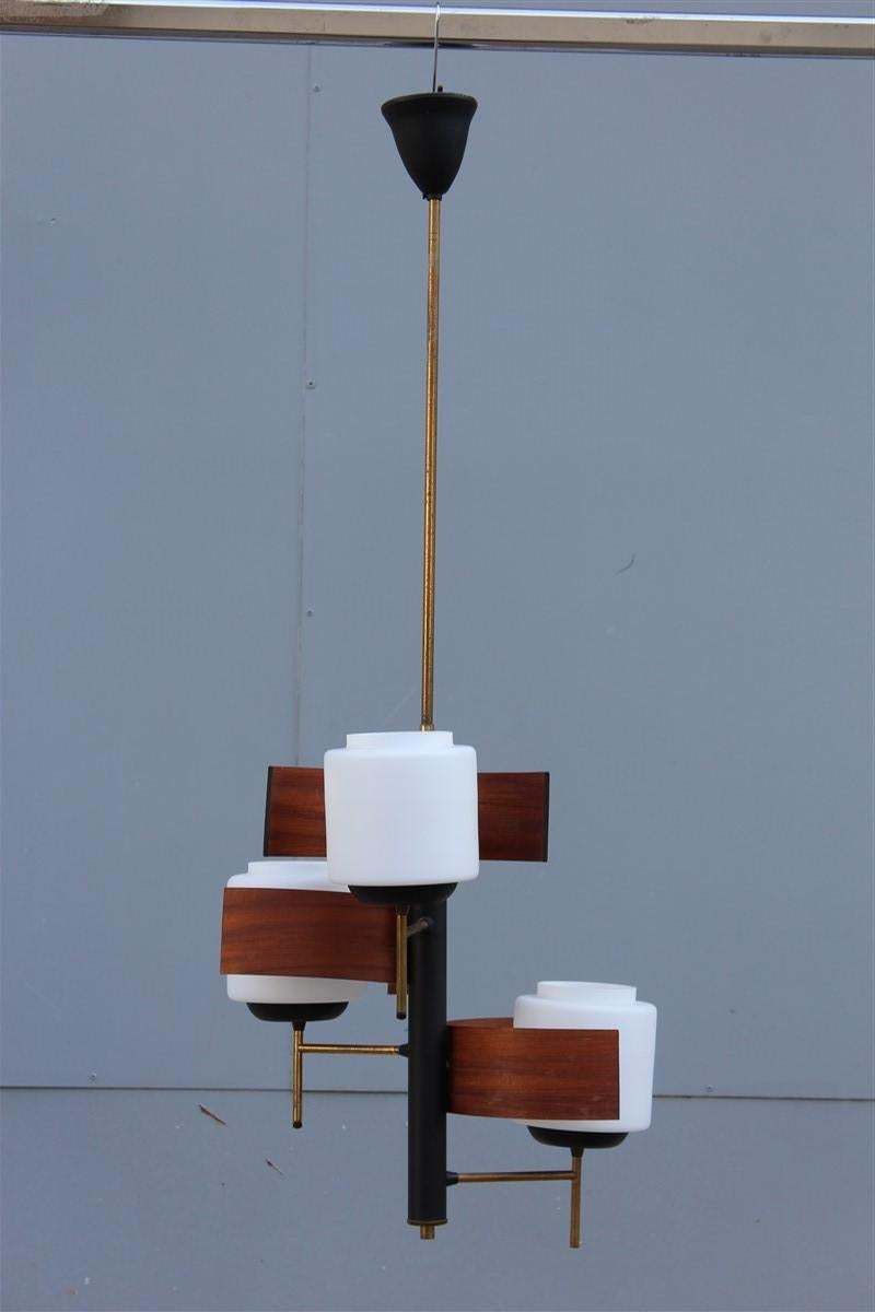 Esperia Mahogany Chandelier Midcentury Italian Design Glass White Brass photo vinterior