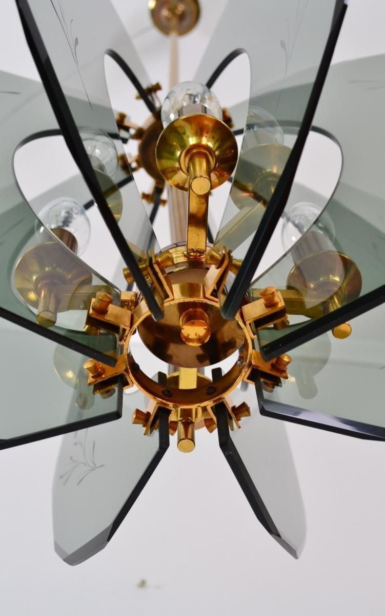 Italian Mid Century Brass And Cut Glass Chandelier, 1960s photo vinterior