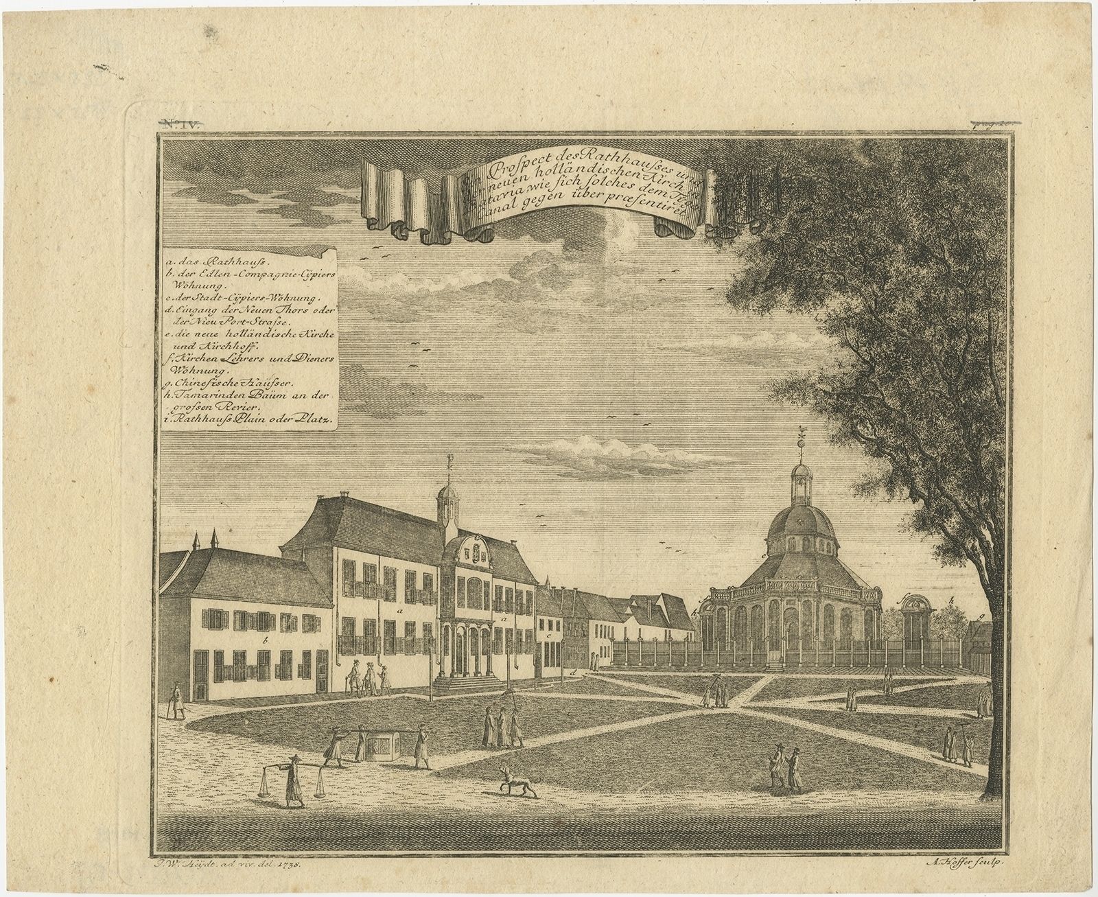 Antique Print Of The Town Hall And Church Of Batavia By Heydt (C.1740)