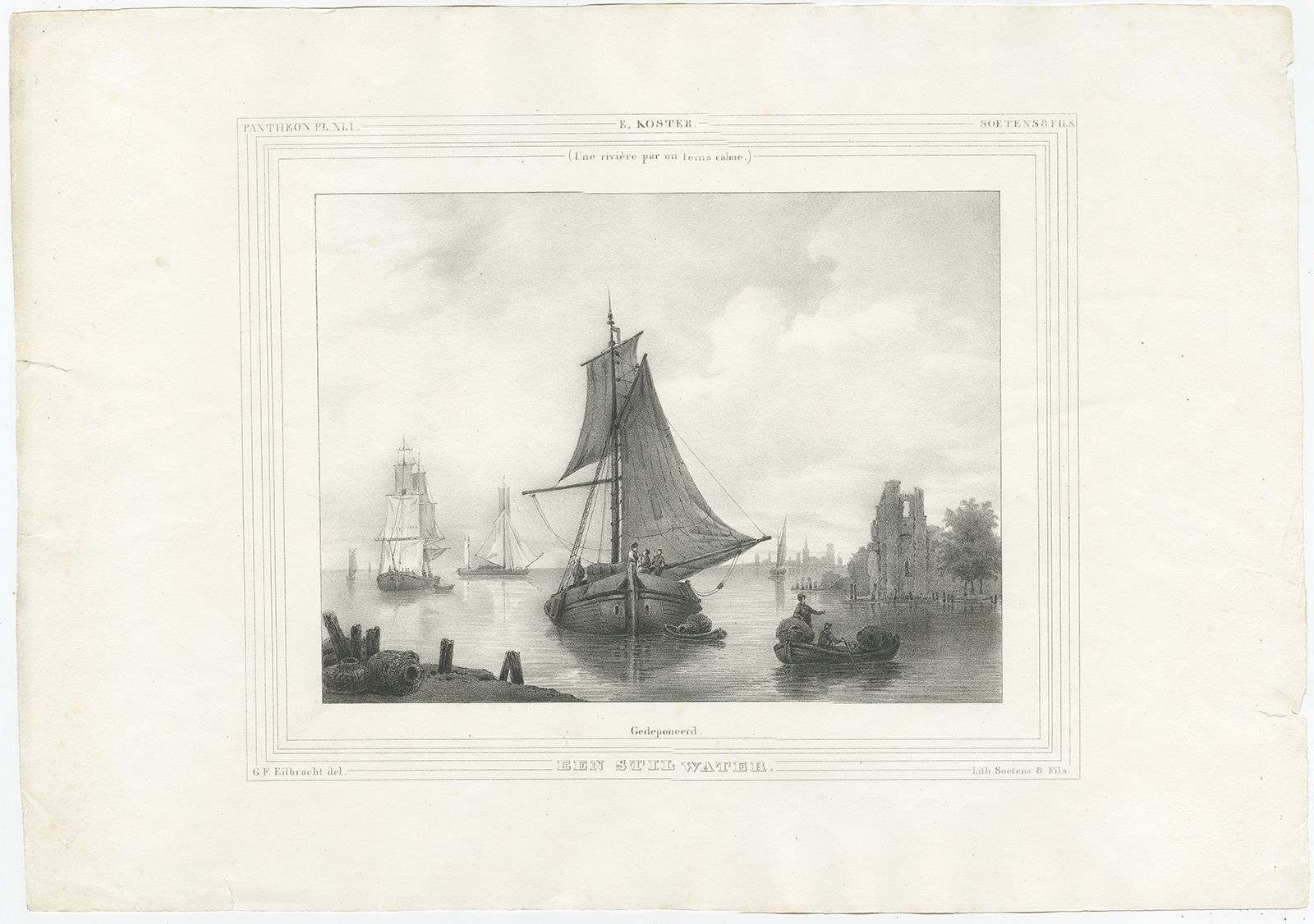 Antique Print Of Ships Near The Harbor By Soetens & Fils (C.1840)