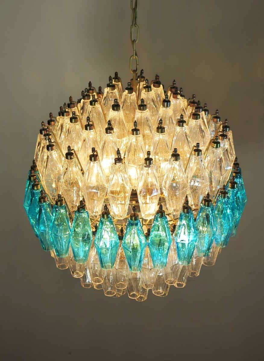 Amazing Spherical Murano Poliedri Candelier   140 Poliedri Trasparent And Blue Acqua Marina photo furniture