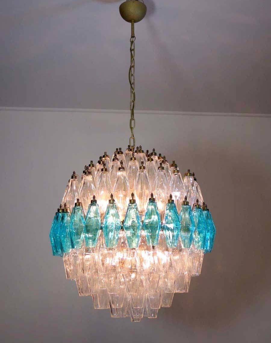 Amazing Spherical Murano Poliedri Candelier   140 Poliedri Trasparent And Blue Acqua Marina photo for sale