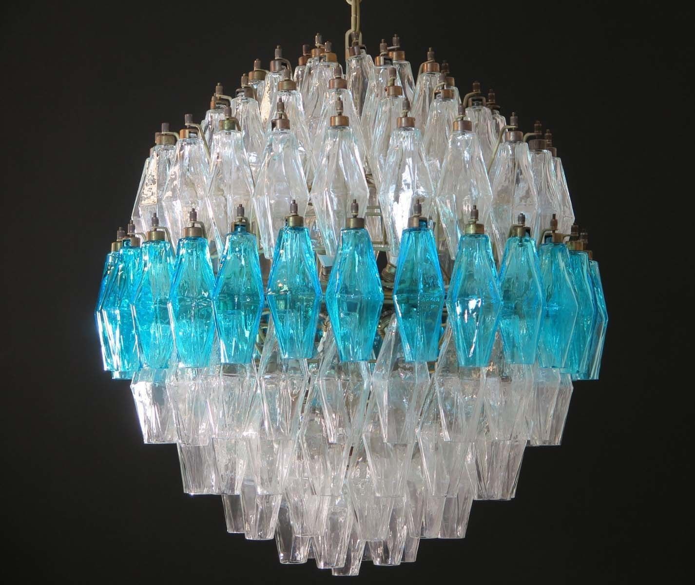 Amazing Spherical Murano Poliedri Candelier   140 Poliedri Trasparent And Blue Acqua Marina photo Lighting