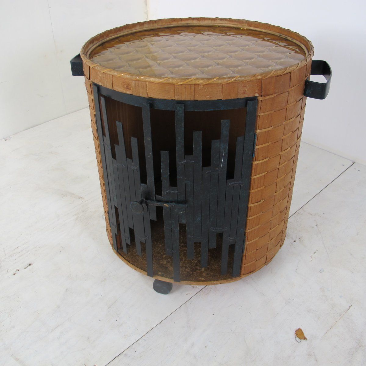 Mid Century Brutalist Rattan And Steel Bar Cart, 1950s photo furniture