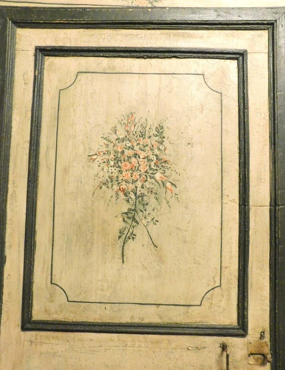 2 Antique Lacquered Doors With Frame, Green Beige Background Flowers, 1700 Italy photo Home Fixtures