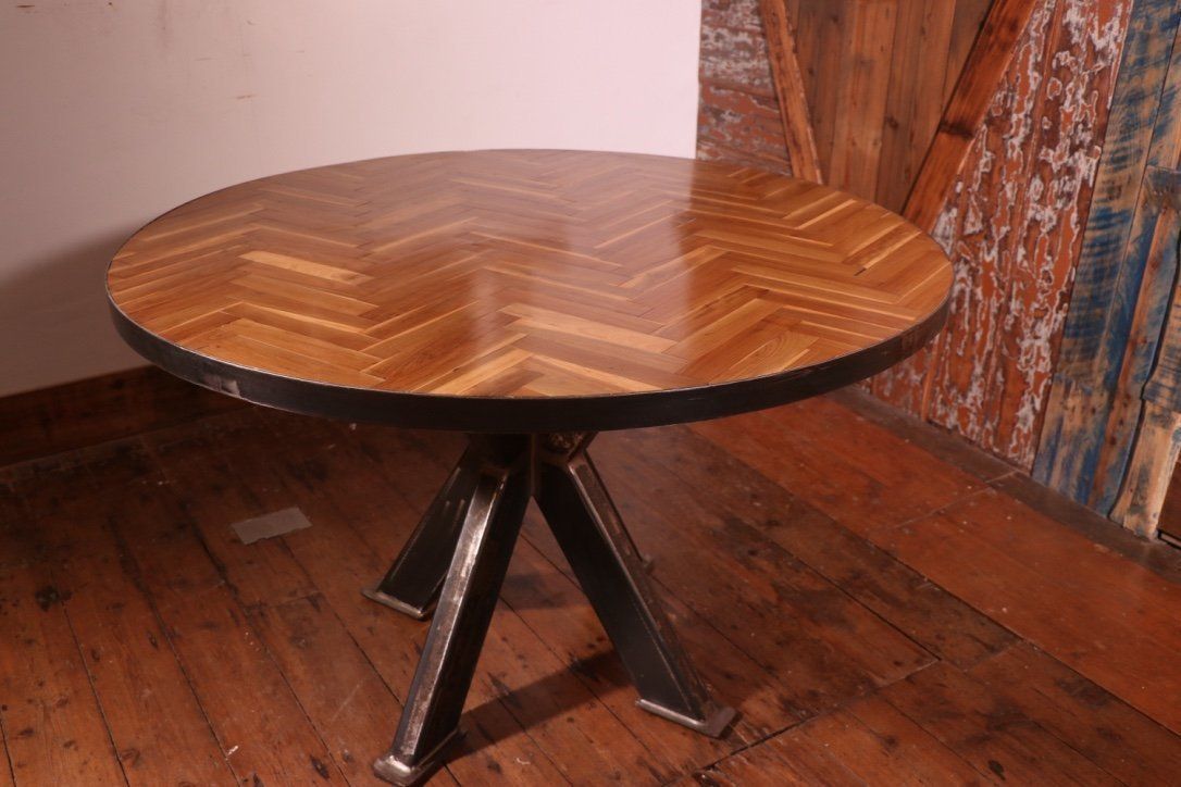 Industrial Round 4ft Table Made From Reclaimed Parquet Floor On A Steel Cross Base photo Furniture