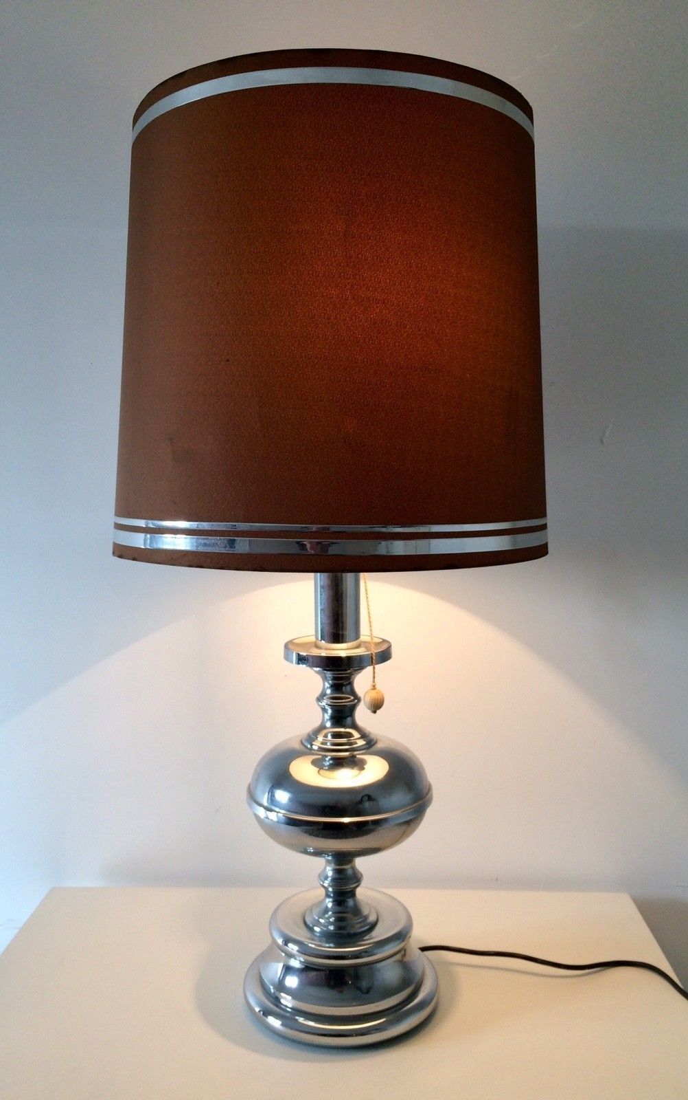 Lighting Midcentury Original Italian Design 1970s Xl Chrome Table Lamp W Shade photo