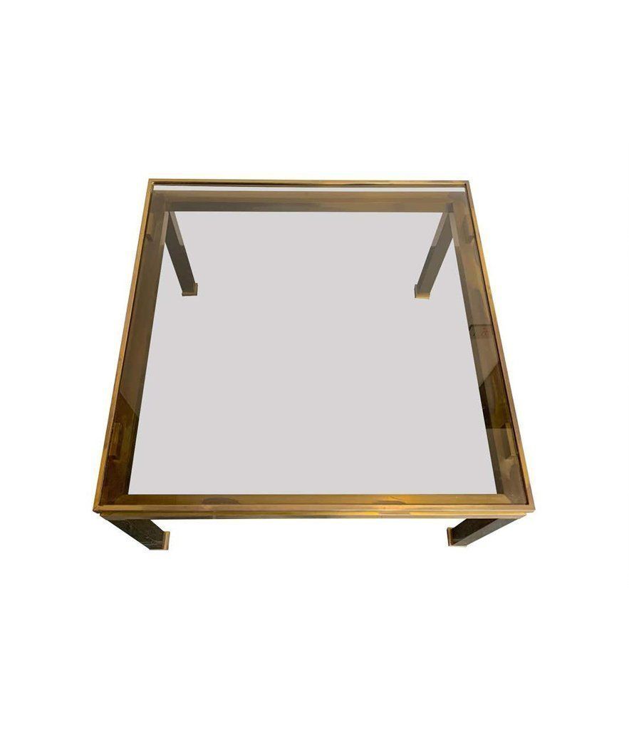 photo furniture 1970s Guy Lefevre Solid Brass Side Table With Smoked Glass Top