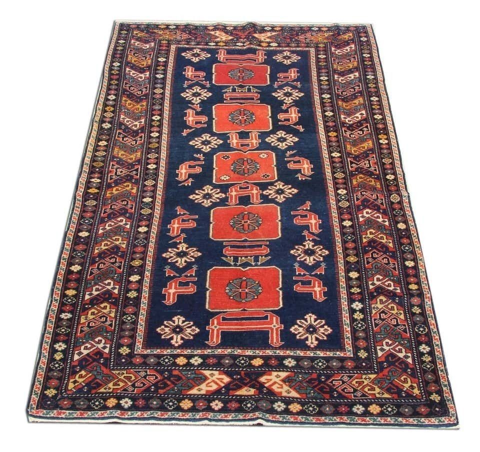 Antique Rug Caucasian Azeri, Handmade Antiqu Tradtional Caucasian Rug, Navy Area Rugs photo furniture