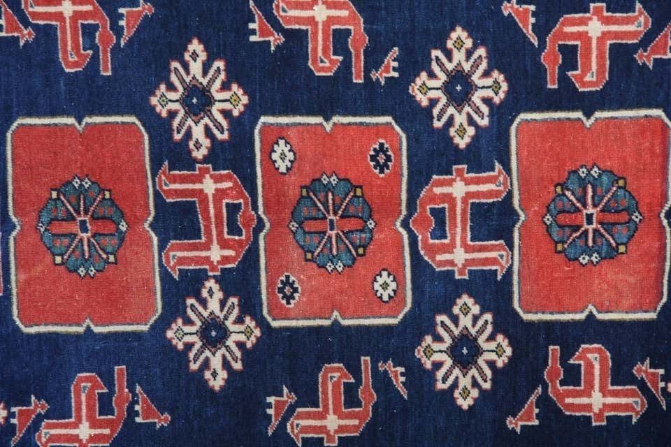Antique Rug Caucasian Azeri, Handmade Antiqu Tradtional Caucasian Rug, Navy Area Rugs photo for sale
