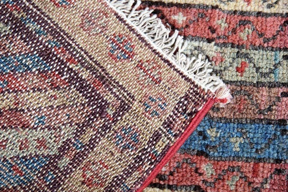 Red Hand Woven Striped Antique Wool Runner Rug 90x360cm photo for sale