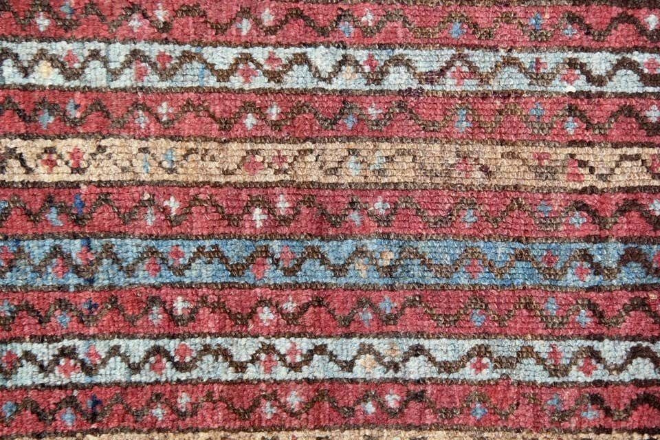 Red Hand Woven Striped Antique Wool Runner Rug 90x360cm photo Textiles