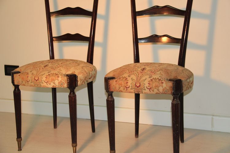 Mid Century Mahogany Pair High Back Chairs 1950 Italian Design Pier Luigi Colli photo vinterior