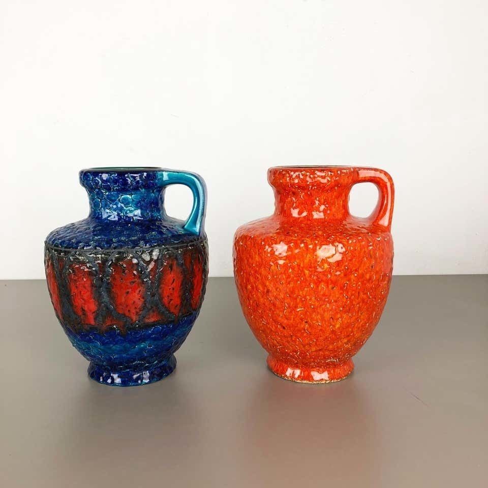 Set Of 2 Multi Color Fat Lava Op Art Pottery Vase Made Bay Ceramics, Germany photo for sale