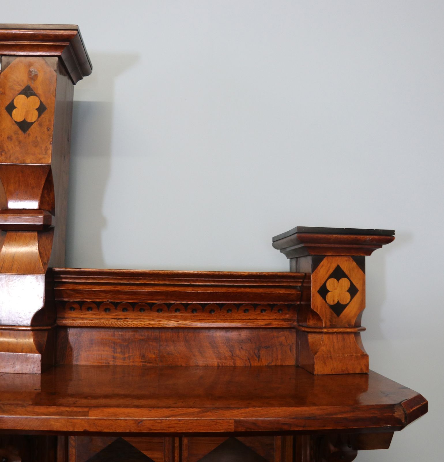 Victorian Pollard Oak And Specimen Wood Inlaid Mirror Back Sideboard In The Gothic Revival Style. photo furniture