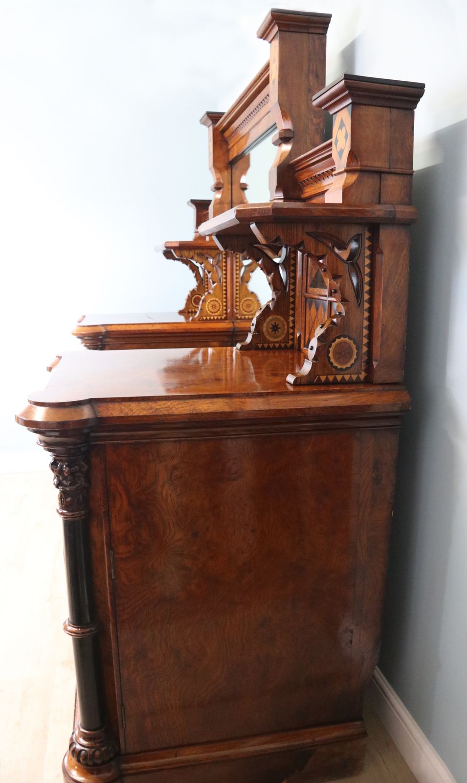 Victorian Pollard Oak And Specimen Wood Inlaid Mirror Back Sideboard In The Gothic Revival Style. photo Furniture