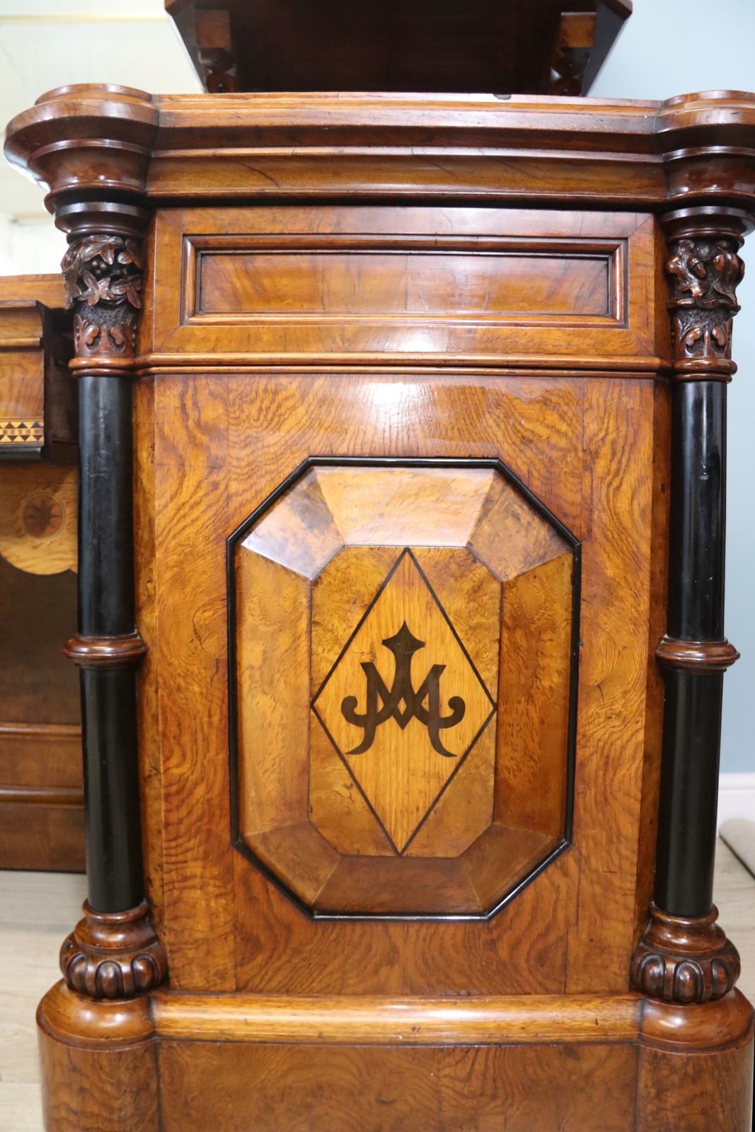 Victorian Pollard Oak And Specimen Wood Inlaid Mirror Back Sideboard In The Gothic Revival Style. photo vintage