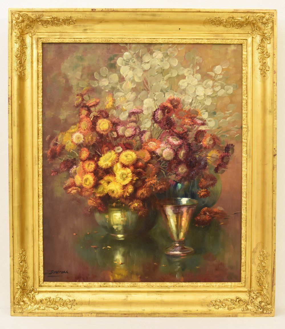 Flowers Paintig, Red Daisies, Oil On Canvas, 19th Century.  (Qf155)