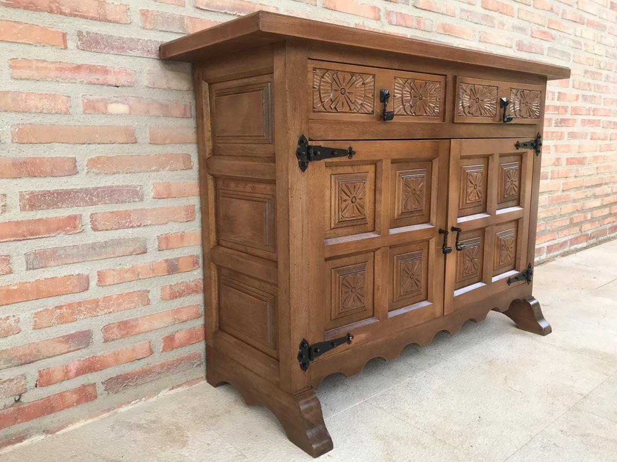 Spanish Carved Dark Walnut Tuscan 2 Drawer Credenza, 1940s photo for sale
