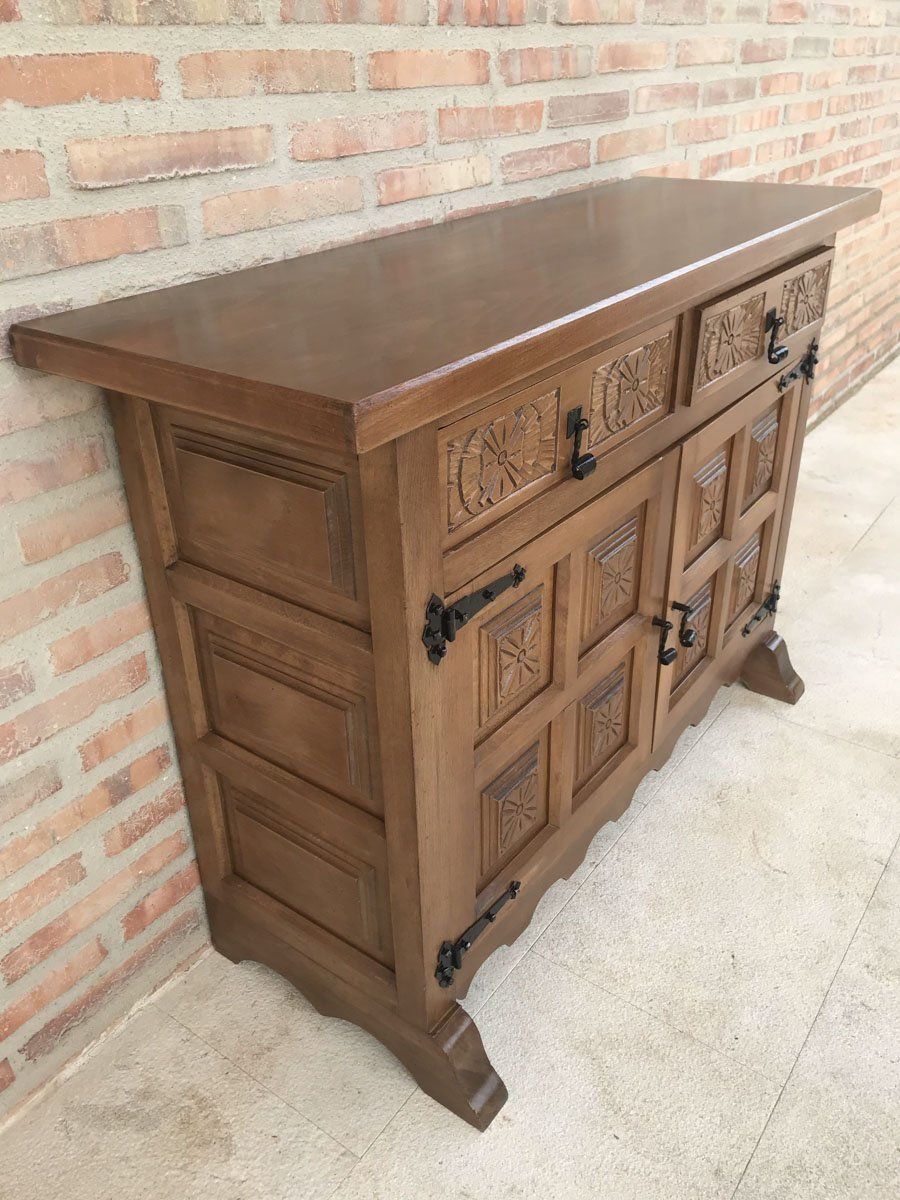 Spanish Carved Dark Walnut Tuscan 2 Drawer Credenza, 1940s photo Furniture
