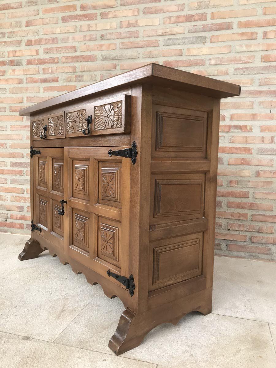 Spanish Carved Dark Walnut Tuscan 2 Drawer Credenza, 1940s photo vinterior