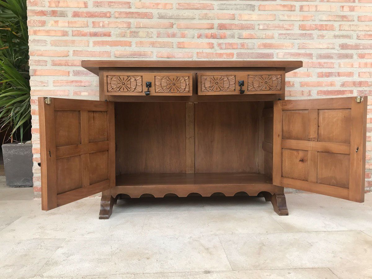 photo vintage Spanish Carved Dark Walnut Tuscan 2 Drawer Credenza, 1940s