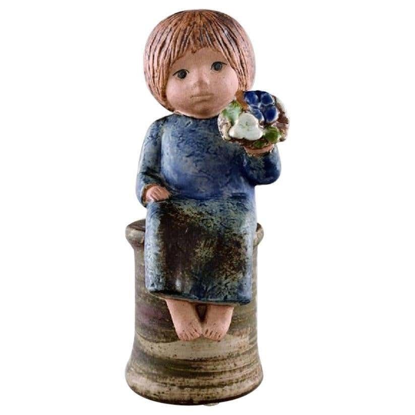 Lisa Larson For Gustavsberg, Girl With Flowers In Glazed Ceramics, 20th Century