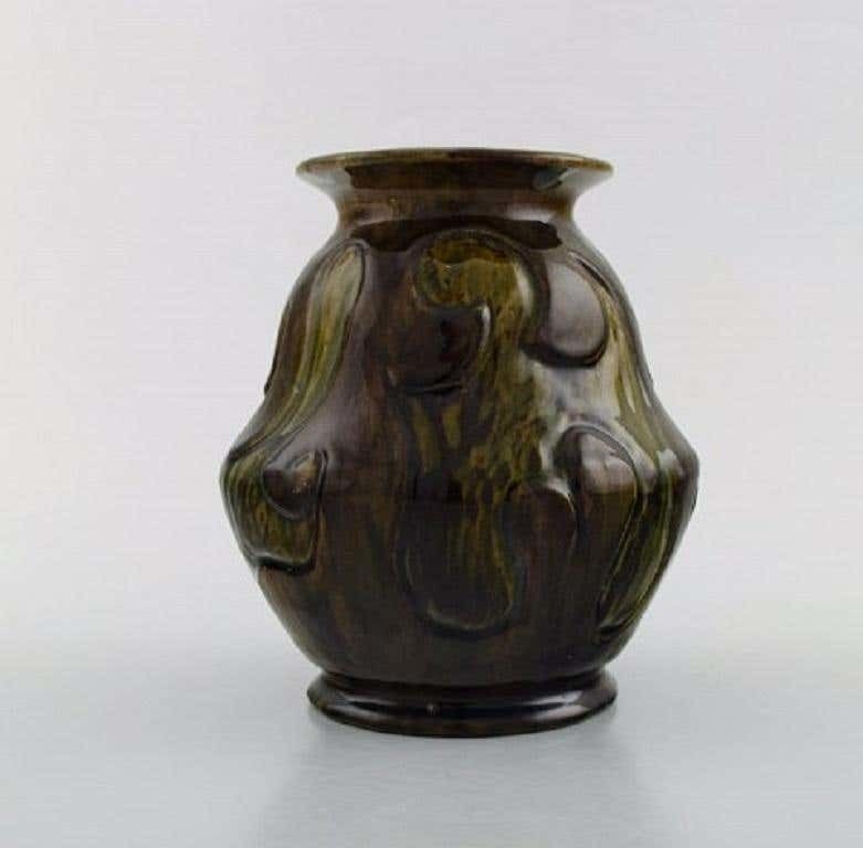 Møller & Bøgely, Denmark, Art Nouveau Vase In Dark Green Glazed Ceramics photo furniture