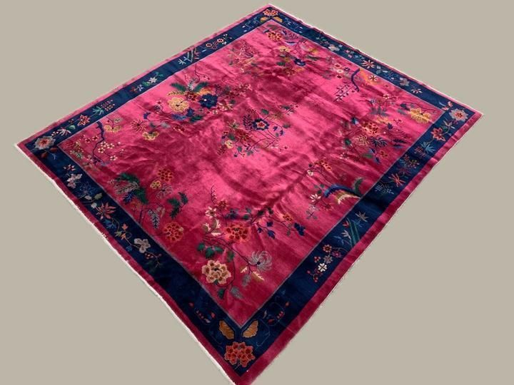 Large Chinese Art Deco Carpet, 290x245 Cm, 1920s Wool, Handmade, Pink Blue Rug photo furniture