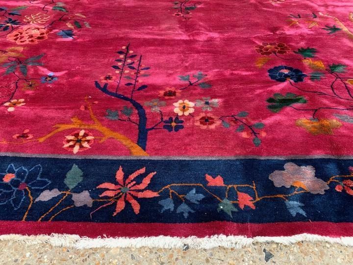 Large Chinese Art Deco Carpet, 290x245 Cm, 1920s Wool, Handmade, Pink Blue Rug photo 6750.0