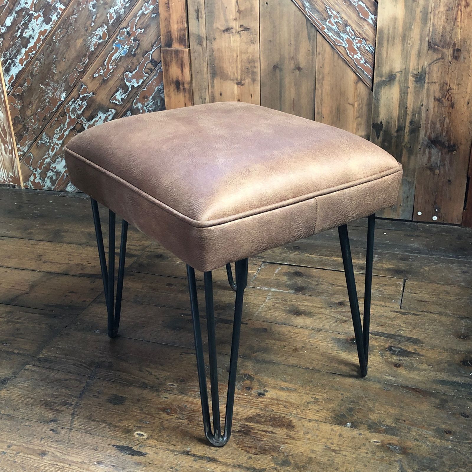 Handmade Industrial Stool With Hairpin Legs In Leather photo vintage