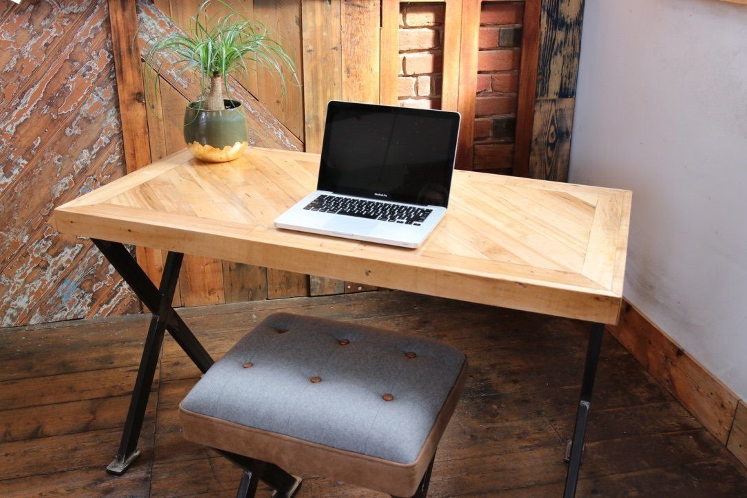 Desk / Workstation Made From Reclaimed Maple Flooring With Industrial Cross Leg Frame photo for sale