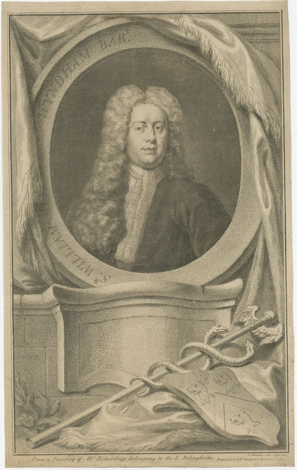 Antique Portrait Of Sir William Wyndham By Houbraken (1741)