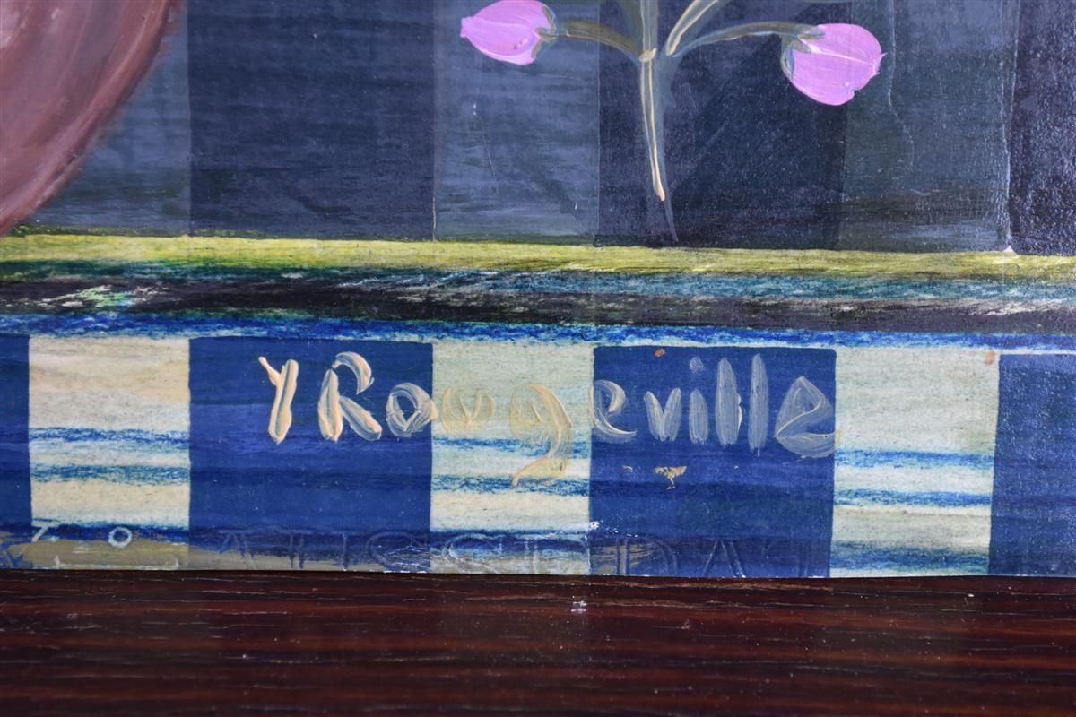 The Cat On The Wisteria Gouache Tablecloth Signed Y Rougeville photo furniture