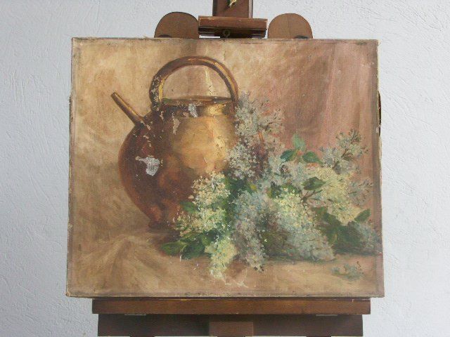 Oil On Canvas Unsigned Still Life Teapot And Flowers
