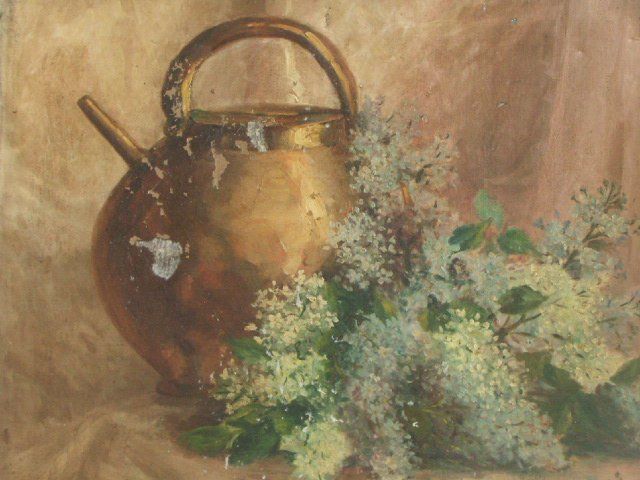 Oil On Canvas Unsigned Still Life Teapot And Flowers photo furniture