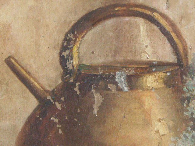 Oil On Canvas Unsigned Still Life Teapot And Flowers photo Art