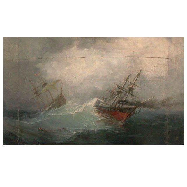 Boat In Marine Storm In Oil On Panel By Julien (81,5x51)