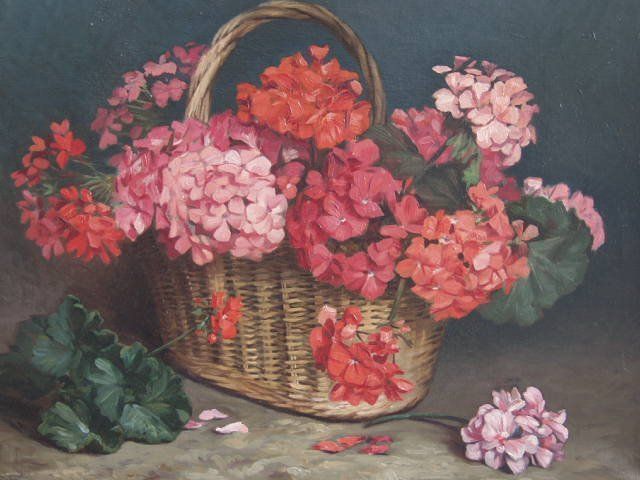 Oil On Canvas Signed A Dorez Representing A Basket Of Geranium photo furniture