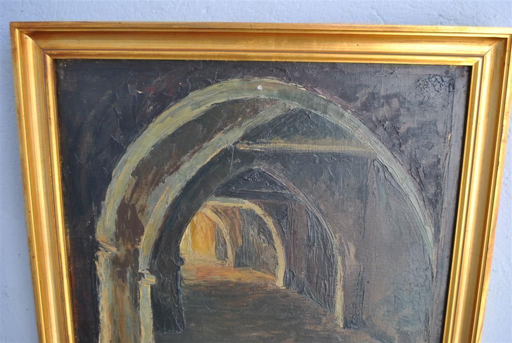 Oil Painting On Canvas Medieval Street In Alcove Signed Virlet 1932 photo for sale