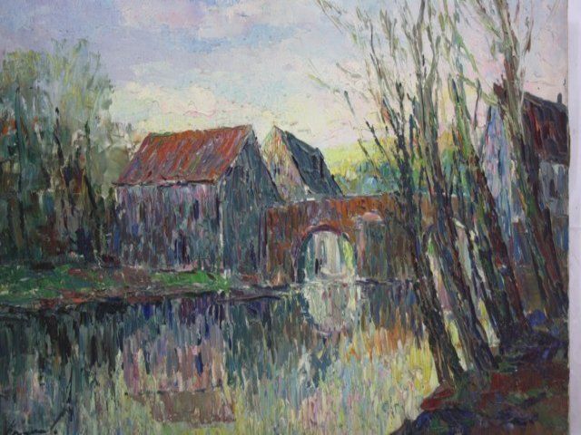 Bridge Over Water Oil On Canvas Signed Kiraval X Xth Oil Painting On Canvas Signed Kiraval X Xth 5 Probably 40/50 Years Representing A Landscape Of Dimen photo for sale